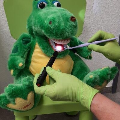 Ein gr&uuml;nes Pl&uuml;schkrokodil sitzt auf einem gr&uuml;nen Kinderstuhl mit zahn&auml;rztlichen Instrumenten.