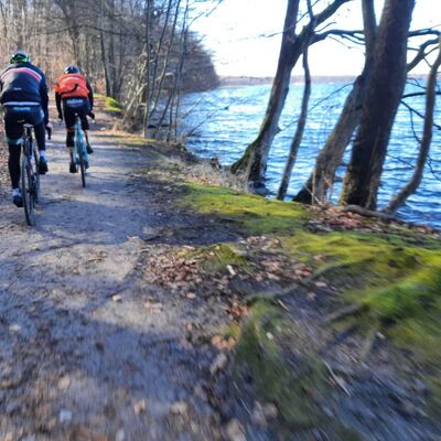 Zwei Personen fahren mit dem Fahrrad auf einem Radweg neben einem See.