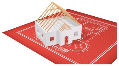 Screenshot vom Virtuellen Bauamt Brandenburg: Ein digitaler Hausrohbau steht auf einem roten Grundriss-Plan.